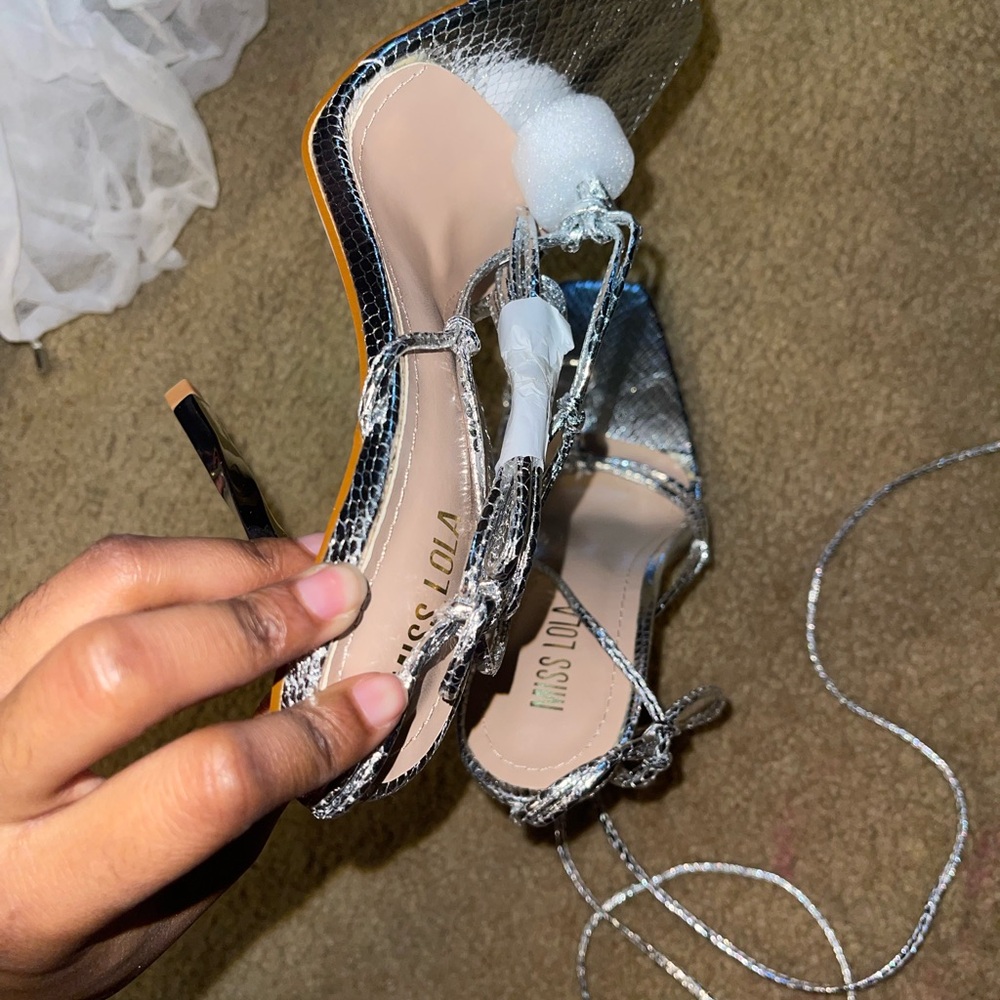 Miss Lola Silver Snakeskin Heels